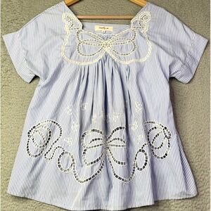Rene Derhy Top Womens Small Short Sleeve Eyelet Embriodered Blue White Striped